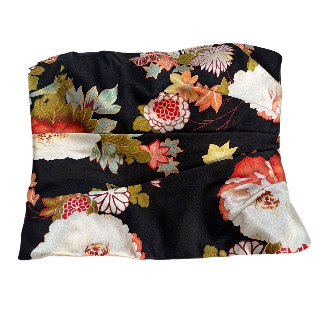 Kay Unger Black Multi-Color Silk Floral Strapless Top Sz 4 Rouched Korea Asian‎